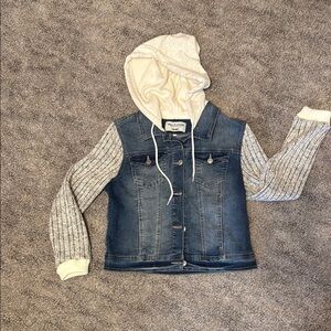 Wallflower Blue Denim Jacket with Gray Knit Sleeves w/ Hoodie